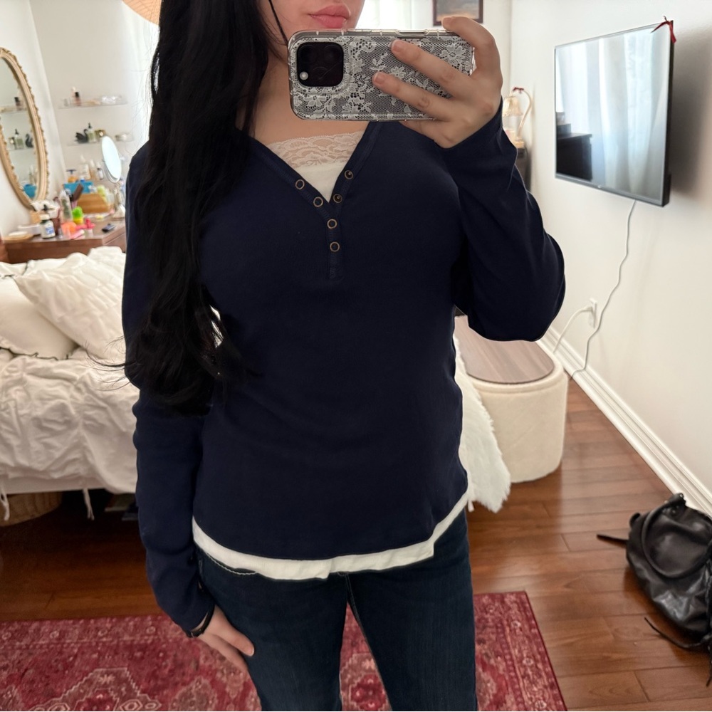 Elena Gilbert vibes Navy Lace Trim Henley Top